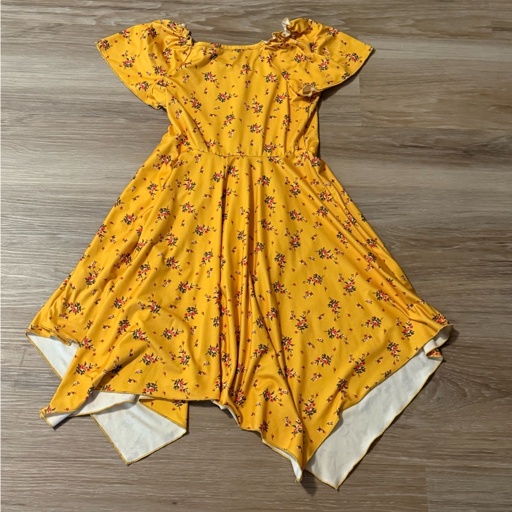Chenault Girl | Yellow Floral Dress with Handkerchief Hem - Picture 2 of 5